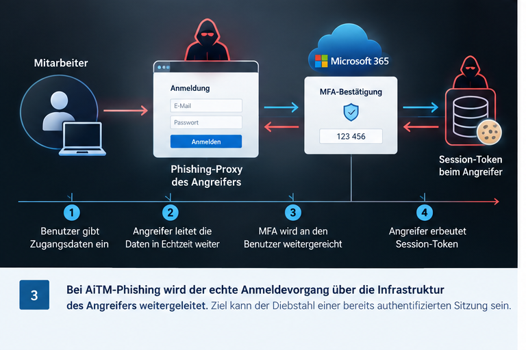 Beim AiTM - Phishing wird der echte Anmeldevorgang über die IT-Strktur des Angreifers weitergeleitet.